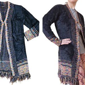 Womens Black Fuzzy Long Duster Cardigan Sweater Faux Fur Boho Artsy Fringe S M L